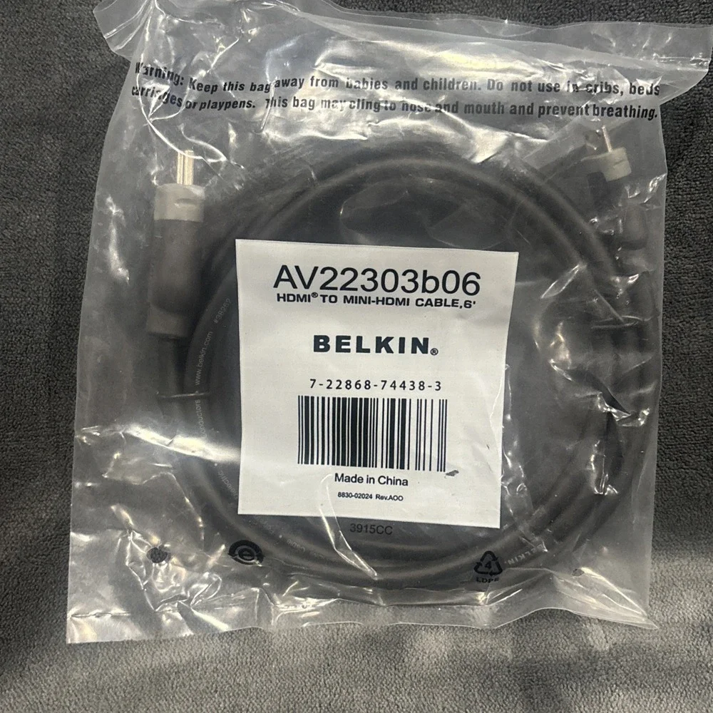 Belkin 6 ft HDMI‎ to Mini-HDMI HDMI-Mini Male Cable AV22303b06 NEW in Sealed Bag